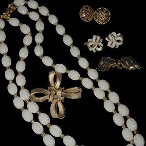 Trifari Jewelry Lot White Beaded Necklace Gold Earrings Ribbon Brooch Vintage